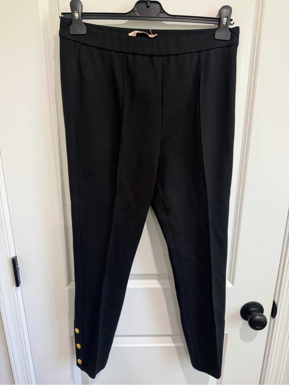Tory Burch Black Stretch Alexis Ponte Ankle Pants with Gold Button Detail